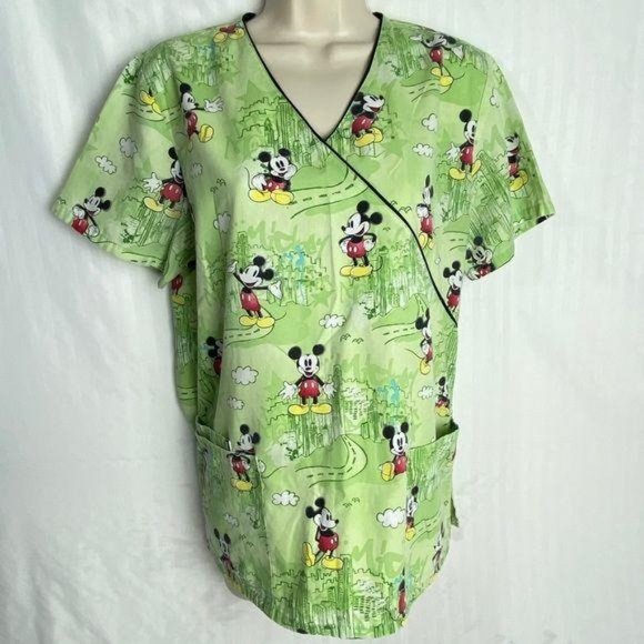 4/$25 Disney Mickey Mouse Scrub Top Cityscape Green Women's Small - Picture 2 of 8